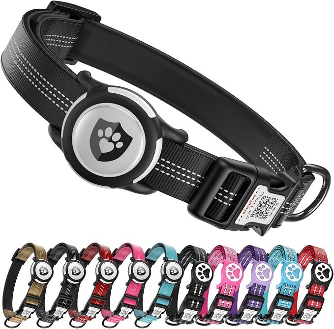 Waterproof AirTag Dog Collar with QR Code Dog Tag, Black XS | IP68 waterproof, QR code dog tag, Anti-Lost, Online profile, fits XS-L (8"-26"), Padded nylon, Reflective, No App, No Fees