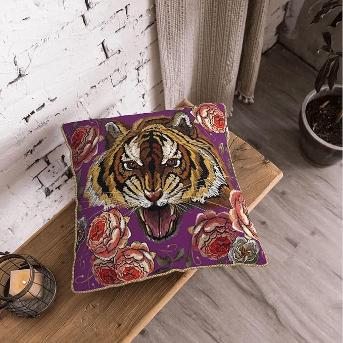Tiger Flower Purple Velvet Pillow Covers 20x20 Inch Pink Floral Animal Throw Pillows for Couch Cushion Covers Pillowcase Farmhouse Modern Pillow Cases for Sofa Bed Living Room Bedroom