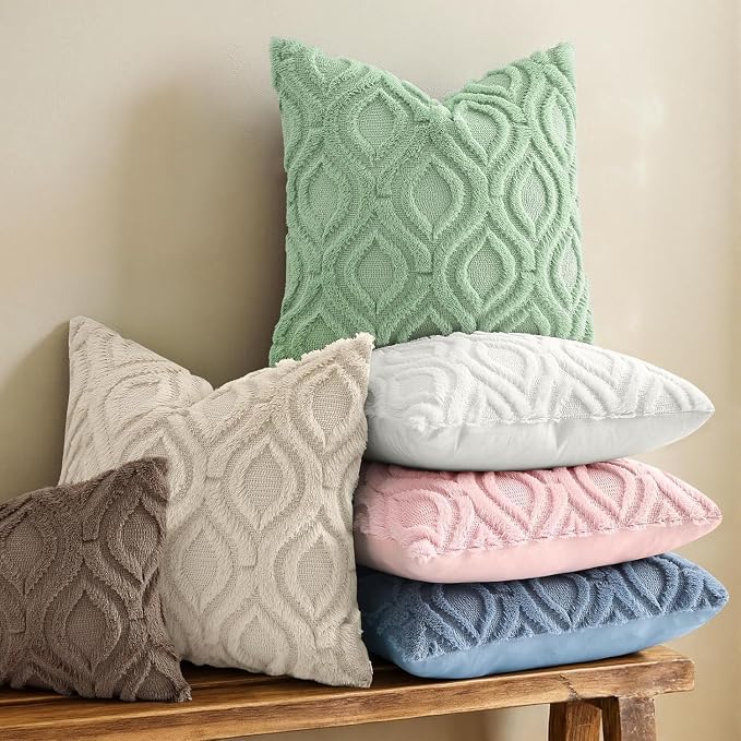 decorUhome Faux Fur Plush Soft Beige Throw Pillow Covers 12x12 Set of 2 | Wool Solid Fall Couch Pillow Covers, Accent Modern Farmhouse Neutral Decorative Square Pillow Cases for Sofa Bed Living Room