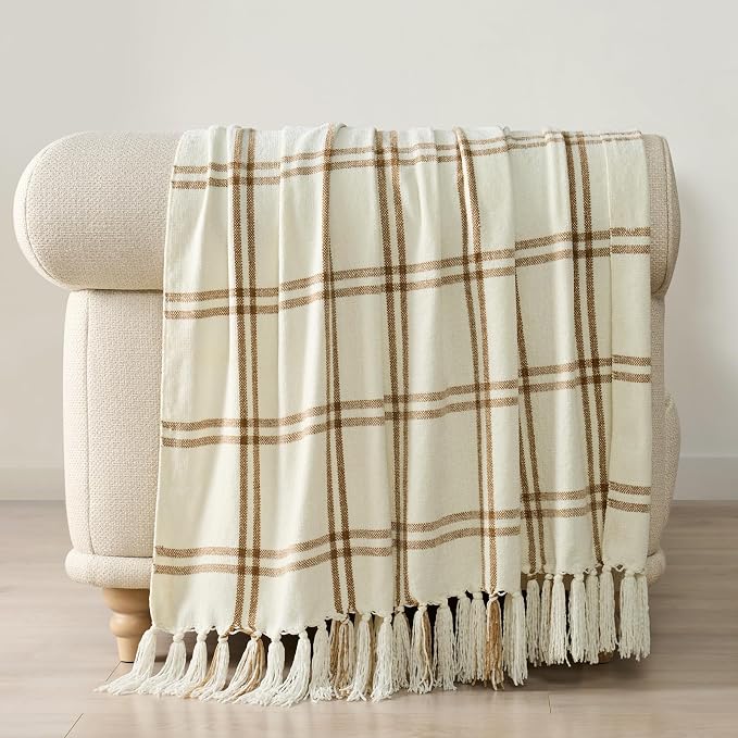 Plaid Chenille Knit Throw Blanket, 50"x60", Cream & Beige | Soft Knitted Throw with Tassels, Cozy, Lightweight, Windowpane Grid Plaid, Decorative Farmhouse Throw for Couch Bed Sofa Gift
