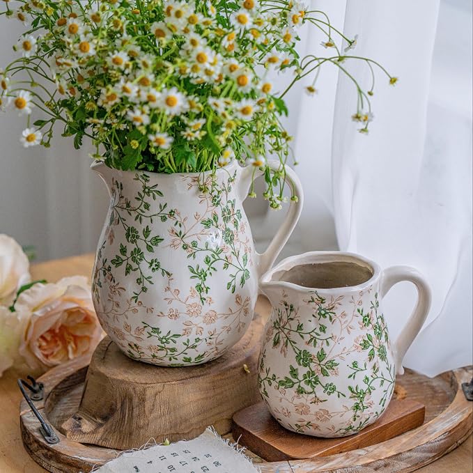 Ceramic Green and White Floral Vase with Handle, Rustic Farmhouse Pitcher Flower Vase, Chinoiserie Floral Vase for Home Decor, Living Room, Shelf, Office, Rustic Table Centerpiece 8 Inch