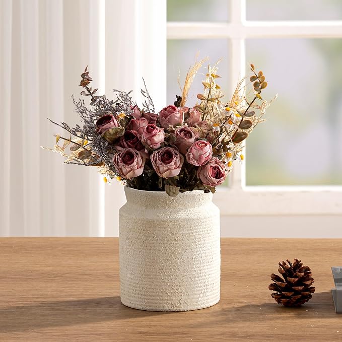 Ceramic Flower Vase 6.5 inch Farmhouse Rustic Vase for Home Decor Handcrafted Pottery Vase Small Terracotta Vases for Table Decor Fireplace Living Room Bathroom Wedding Centerpiece (S-Off White)