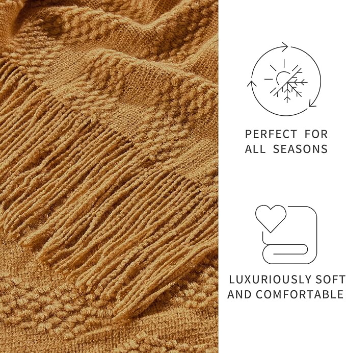 BOURINA Almond Throw Blanket 50x60 Inches Throw Textured Solid Soft Ripple Throws and Blankets for Sofa or Bed Knitted Decorative Throw