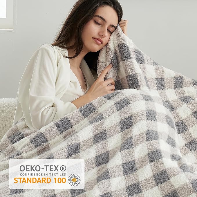 Snuggle Sac Checkered Throw Blanket for Couch, Super Soft, Cozy Warm Knit Decorative Blankets, Reversible Plaid Fluffy Throws for Sofa, Bed, Plaid Grey, 50x60 Inches