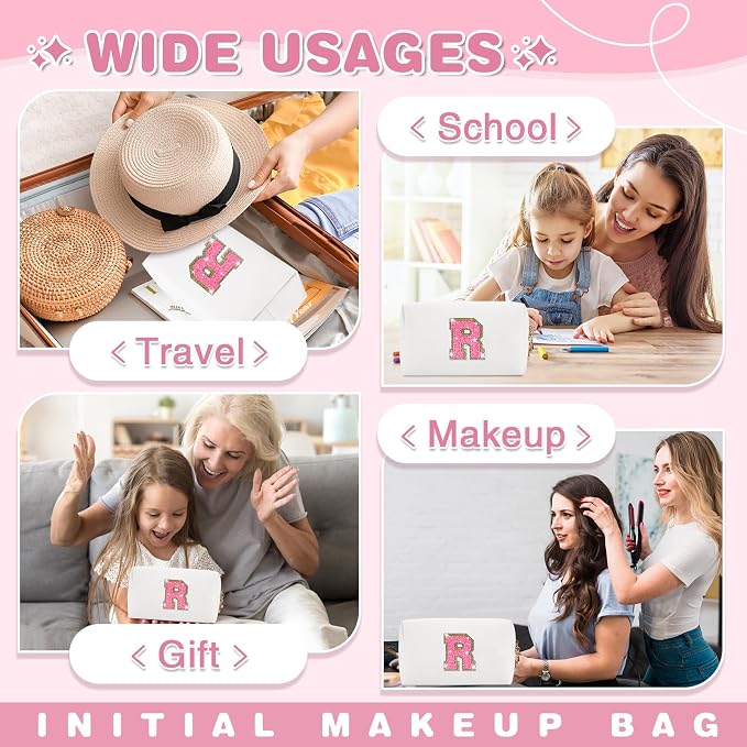 Small Personalized Initial A-Z Patch Makeup Bag,White Cute PU Leather Glitter Letter Cosmetic Bag for Teen Girls,Travel Toiletry Bag with Zipper,Preppy Monogrammed Birthday Gift for Daughter Niece R