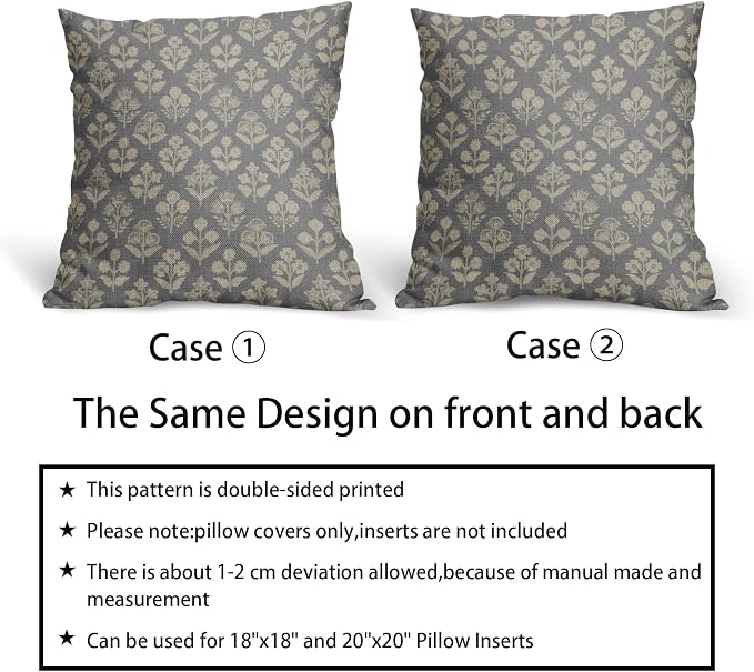 Grey Gray Floral Pillow Covers 24x24 Inch Set of 2, Vintage Flower Block Print Pattern Decorative Throw Pillowcases Outdoor Farmhouse Cushion Covers Spring Summer Rustic Sofa Couch Bed Decor