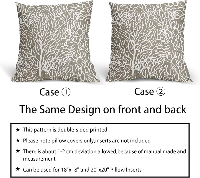 Nautical Coastal Coral Pillow Covers 24x24 Inch Set of 2 Summer Ocean Beach Taupe Decorative Pillow Cases Outdoor Linen Cushion Cover Farmhouse Decor for Bedroom Home Sofa Couch Bed