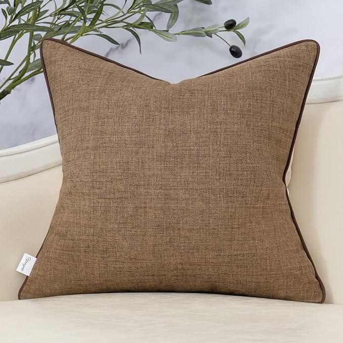 Patchwork Pillow Cover 20x20 Inch Luxury Cotton and Linen Cushion Cover Square Pillowcover for Couch Bedroom Living Room, Brown
