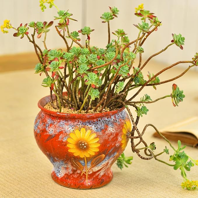 Sungmor 9 Inch Hand Painted Ceramic Succulent Plant Pots - Red & Daisy | Vintage Decorative Pottery Planters for Indoor Outdoor Plants, Table Centerpieces & Flower Arrangement Home Decor