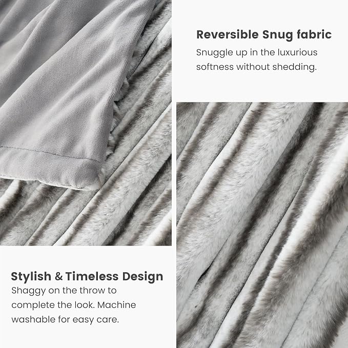 Cozy Bliss Faux Fur Throw Blanket for Couch, Cozy Warm Plush Striped Blanket for Sofa Bedroom Living Room,50 * 60 Inches Grey
