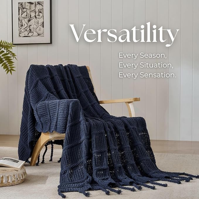 Boho Knitted Chenille Blanket with Tassels - Lightweight & Soft All-Season Throw - 3D Classic Pattern for Living Room Bedroom Couch, Royal Blue, King 90"x108"