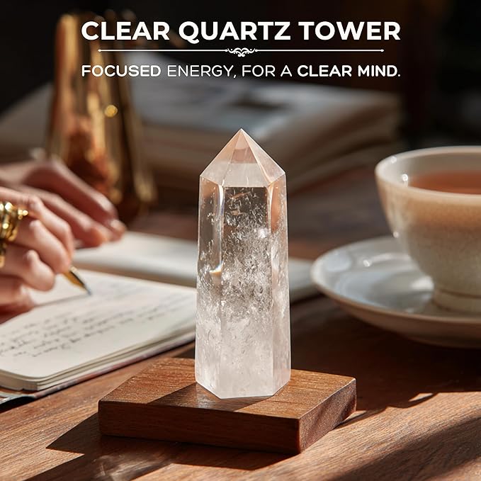 Anima Premium Clear Quartz Crystal Set for Clarity, Focus & Energy Amplification – Authentic Clear Quartz Tower, Cluster & Raw Crystal Presented in Elegant Wooden Gift Box – Responsibly Sourced