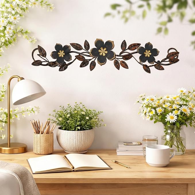 Wesiti Metal Flower Wall Decor Vintage Metal Flower Wrought Iron Scroll Sculpture 15.7''x3.7'' Not 3D, Flat Farmhouse Leaf Wall Decor with Nails for Summer Bedroom Kitchen Indoor Outdoor(Black)