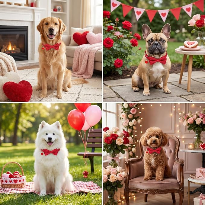 ADOGGYGO Valentine Dog Collars with Bow, Detachable Heart Sunburst Print Bowtie, Metal Buckle, Adjustable Valentine Collars for Extra Small Dogs Boy Girl (X-Small)