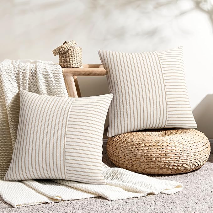 YCOLL Farmhouse Pillow Covers 16x16, Modern Accent Square Throw Pillow Covers Set of 2, Khaki and Beige Striped Patchwork Linen Decorative Pillows Cushion Covers for Couch Chair Bedroom Home Decor