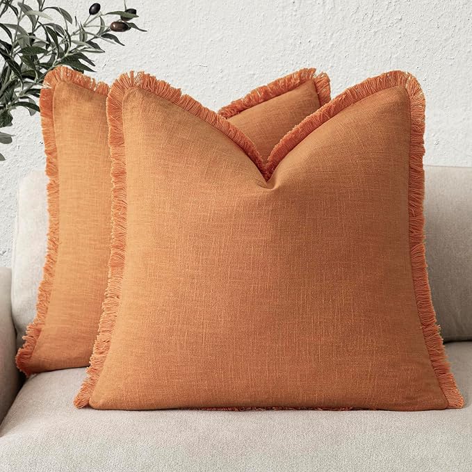 Foindtower Set of 2 Decorative Linen Fringe Throw Pillow Covers Cozy Boho Farmhouse Cushion Cover with Tassels Soft Accent Pillowcase for Couch Sofa Bed Living Room Home Decor,20×20 Inch,Dusty Orange
