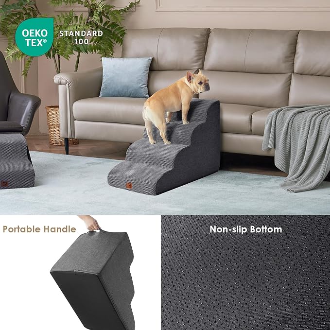 EHEYCIGA Curved Dog Stairs Ramp, 4-Step High Beds, 19.7" H Pet Step | 33D density of pure foam, for Small Dogs and Cats, Pet Stairs for High Bed Climbing, Non-Slip Balanced Indoor, Grey