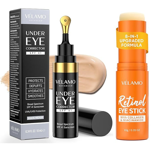 VELAMO ADVANCED Luminous Eye Corrector SPF 41(Shade: Medium) & Upgraded Retinol Under Eye Balm with Collagen Duo: for Dark Circles, Fine Lines & Puffiness - Hydrating Anti Aging Under Eye Cream
