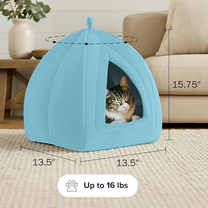 PETMAKER Cat House Indoor Bed with Removable Foam Cushion, Blue | Plush Cat Tent Bed for Small Kittens, Rabbits, Guinea Pigs, and Other Small Animals, Comfortable Cozy Pet Hideaway