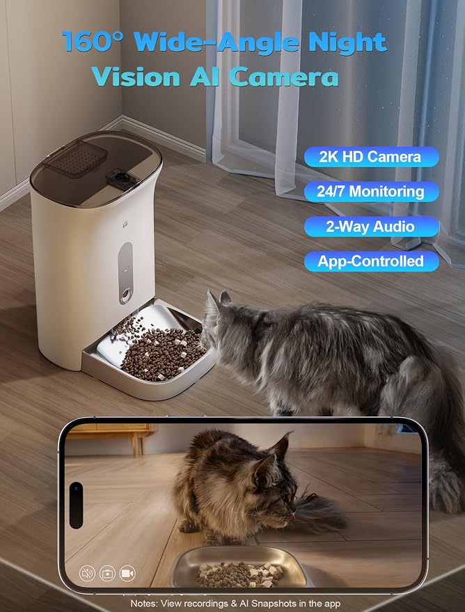 Automatic Cat Feeder with 3MP Camera,2K HD Video with Night Vision,5G/2.4G WiFi Pet Feeder with 2-Way Audio,App-Controlled Timed&Blockage Sensor,Detachable for Easy Cleaning with Desiccant for Cat/Dog