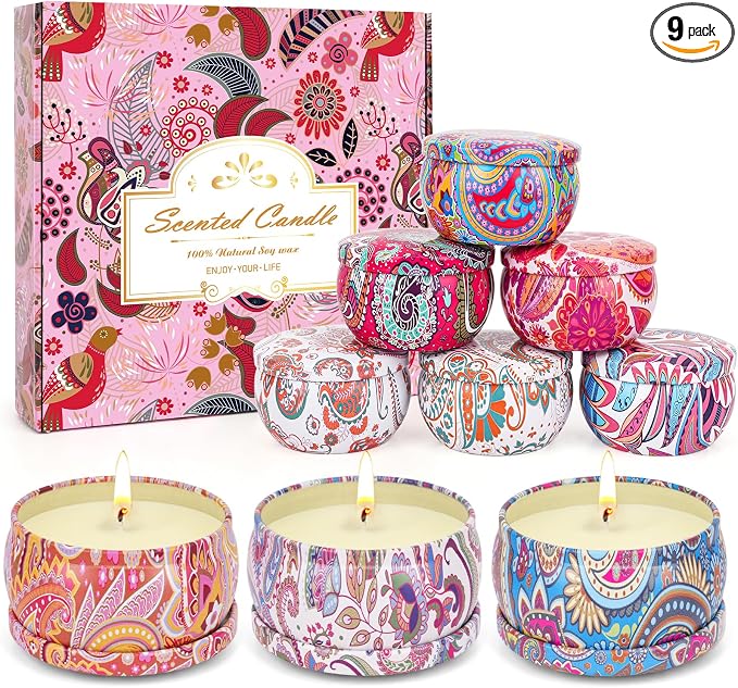 Scented Candles Gifts Set for Women, 9 Pack Aromatherapy Candles Pack Soy Wax Include Lavender, Jasmine and Vanilla Scented for Bridesmaid, Birthday, Valentine's, Mother's Day, Bath, Yoga