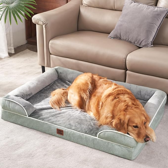 EHEYCIGA Orthopedic XXL Dog Bed, Waterproof Washable XL Big Pet Bed 48" | Non-Slip Bottom and Egg-Crate Memory Foam Extra Large Pet Couch Bed with Washable Removable Cover, Greyish Green