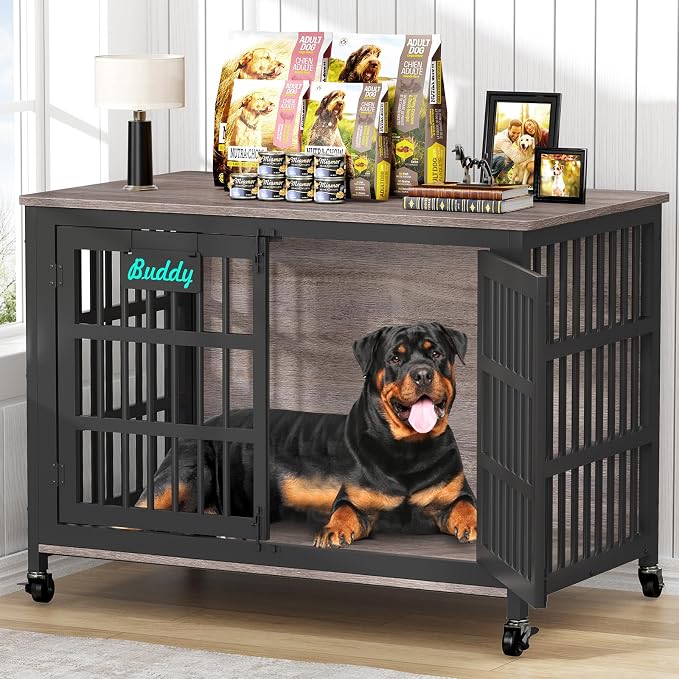 EasyCom 46"/42"/33" XXL Heavy Duty Dog Crate Furniture with Casters | Dog Kennel Indoor with Name Tag, Escape-Proof and Chew-Proof Dog Cage for Large High Anxiety Dog, as End Table