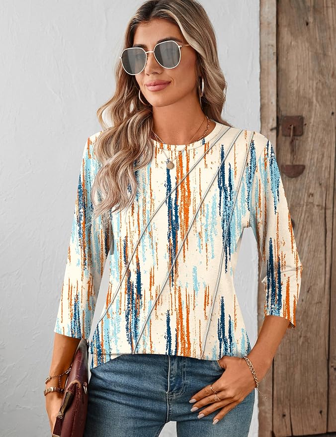 LOMON 3/4 Length Sleeve Womens Tops Spring Summer Fashion 2026 Tops Crew Neck Pleated Shirts Tunic Top Loose Fit