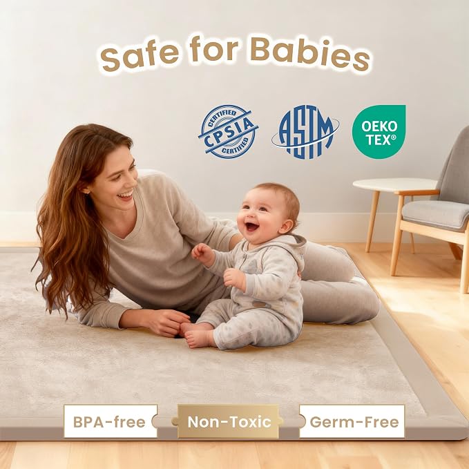 ACOMOPACK Baby Play Mat for Floor 1.3" Thick Memory Foam Play Mat 71"×79" Tummy Time Crawling with Non-slip Bottom for Living Room,Nursery,Soft Velvet Playpen Mats for Kids,Infants（Beige）