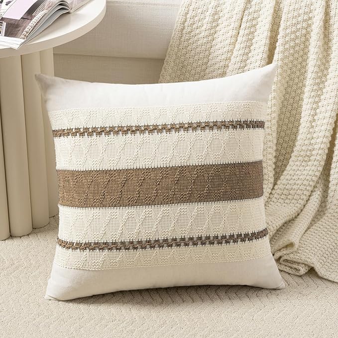 Fancy Homi Set of 2 Boho Light Brown Decorative Throw Pillow Cover 22x22 Inch for Couch Bed Sofa, Aesthetic Modern Organic Farmhouse Home Decor, Soft Cotton Cute Accent Macrame Woven Cushion Case