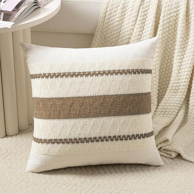 Fancy Homi Set of 2 Boho Light Brown Decorative Throw Pillow Cover 16x16 Inch for Couch Bed Sofa, Aesthetic Modern Organic Farmhouse Home Decor, Soft Cotton Cute Accent Macrame Woven Cushion Case