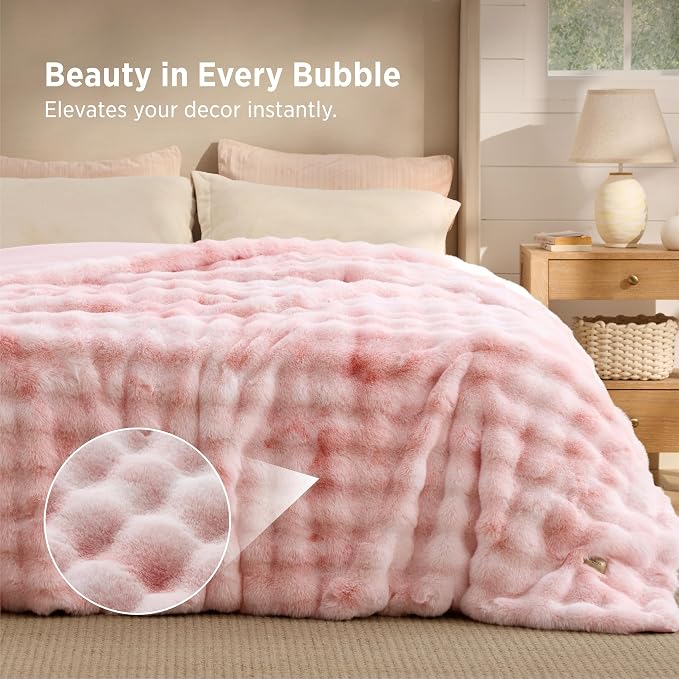Bedsure GentleSoft Bubble Faux Fur King Size Blanket for Bed, Fluffy Fuzzy King Blanket for Winter, Soft Cozy Faux Fur Bedding Thick Warm Plush Decor for Bedroom, Tie-dye Pink, 104x90