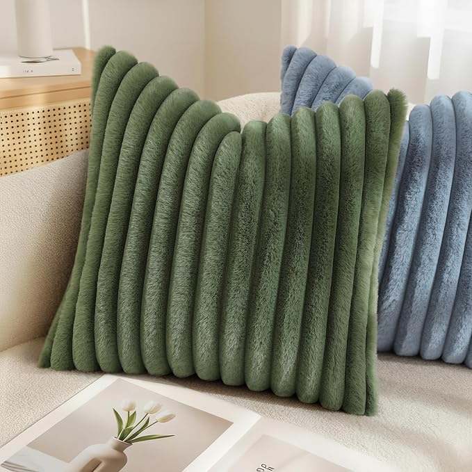 decorUhome Fall Faux Fur Throw Pillow Covers 20x20 Set of 2 Olive Green | Decorative Soft Cozy Striped Plush Modern Farmhouse Boho Couch Pillow Cases Velvet Back for Sofa Bed Living Room Home Decor