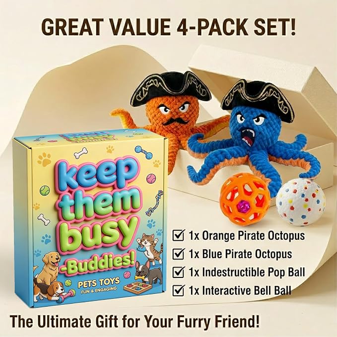 Pet Toys for Dogs Interactive Octopus Dog Toy to Keep Them Busy - Replacement Shells and 2 Bell Silent Balls - Durable Enrichment for Medium Large Dogs (2)