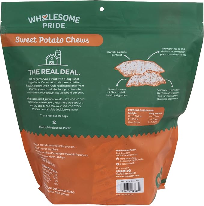 Wholesome Pride Sweet Potato Chews Healthy Dog Treats, 1 Ingredient, 32 oz | No Preservatives, 100% Sweet Potato, Gently Dehydrated, Supports Digestion, No Grain or Gluten, Training & Snacking
