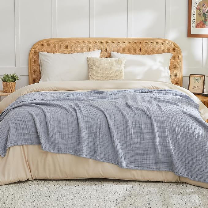 EMME Muslin Blankets for Adults Throw Blanket for Couch Breathable Gauze Soft Lightweight Airy Dusty Blue Twin XL 66" x 90"