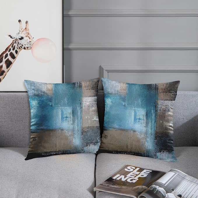 Throw Pillow Covers Set of 2, 20 x 20 Inch, Teal Grey | Abstract Modern Art Outdoor Decorative Square Pillow Cases Couch Cushion Case for Couch Bed Sofa Living Room Home Decor