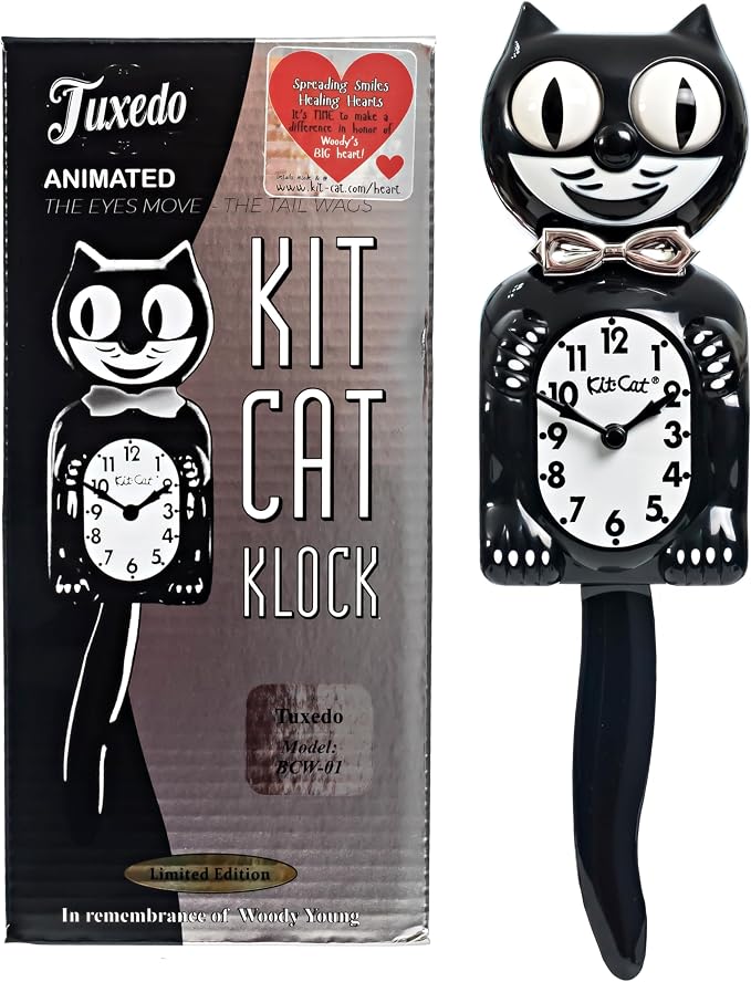 Kit-Cat Tuxedo Clock, Limited Edition Anniversary, Black with Chrome Bow Tie, Classic Moving Eyes and Tail