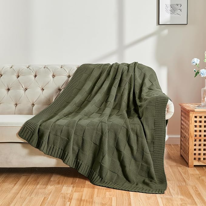 CozeCube Olive Green Knitted Checkered Throw Blanket 50"X60" | Check Knit Throw for Couch, Decorative Christmas Soft Cozy Warm Blanket for Bed Sofa Living Room