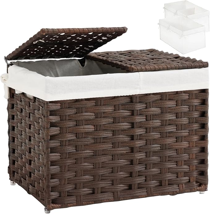 SETVSON Storage Basket with Lid, 2-Lid PE Rattan Storage Bin, Brown | 35L Storage Bin with 2 Separate Lids, 2 Removable Liners with Divider for Clothes & Blankets, Sturdy Frame, Brown
