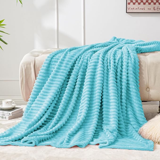 BEDELITE 3D Ribbed Light Blue Fleece Throw Blanket for Couch, 50x60 Inch | Soft Warm Decorative Fluffy Blanket, Cozy Plush Lightweight Fuzzy Throw Blanket for Bed Sofa Home Room Decor, Gift for Women