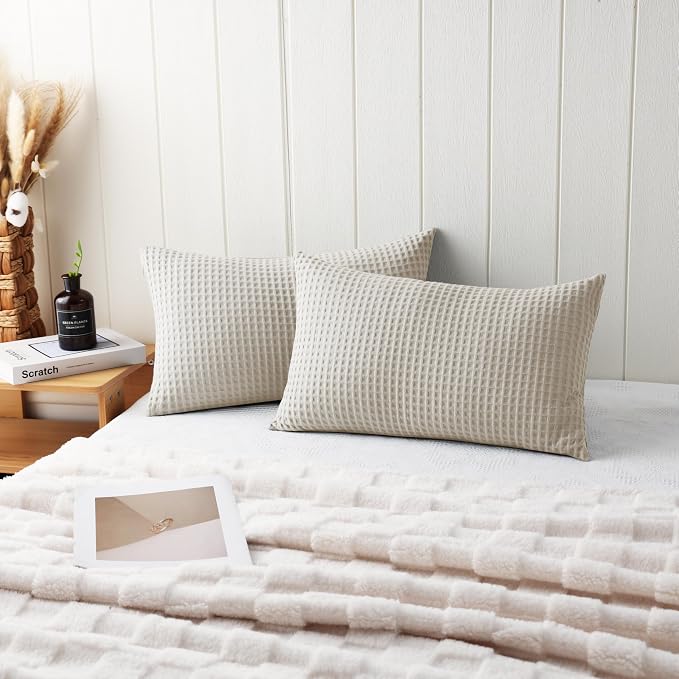 100% Egyptian Cotton 600 TC Waffle Weave Lumbar Pillow Covers 2 Pack | Ultra Soft Breathable Rectangle Throw Pillow Covers, Decorative Cushion Covers for Bed Couch Sofa Car, Beige, 12" x 20"