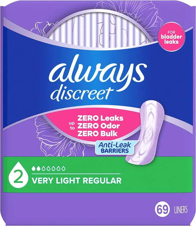 Always Discreet Incontinence Panty Liners for Women with Bladder Leaks, Size 2, Very Light Absorbency, Up to 100% Bladder Leak Protection 69 CT