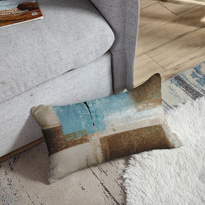 Throw Pillow Covers Set of 2, 12 x 20 Inch, Blue Beige Brown | Abstract Modern Art Outdoor Decorative Square Pillow Cases Couch Cushion Case for Couch Bed Sofa Living Room Home Decor