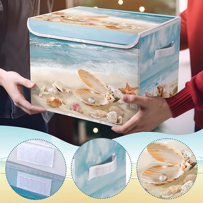 Briwooody Summer Beach Storage Bin with Lid and Carrying Handle Coastal Foldable Storage Box Large Ocean Seashell Decorative Collapsible Container Basket for Organizing Closet Home Bedroom Gift