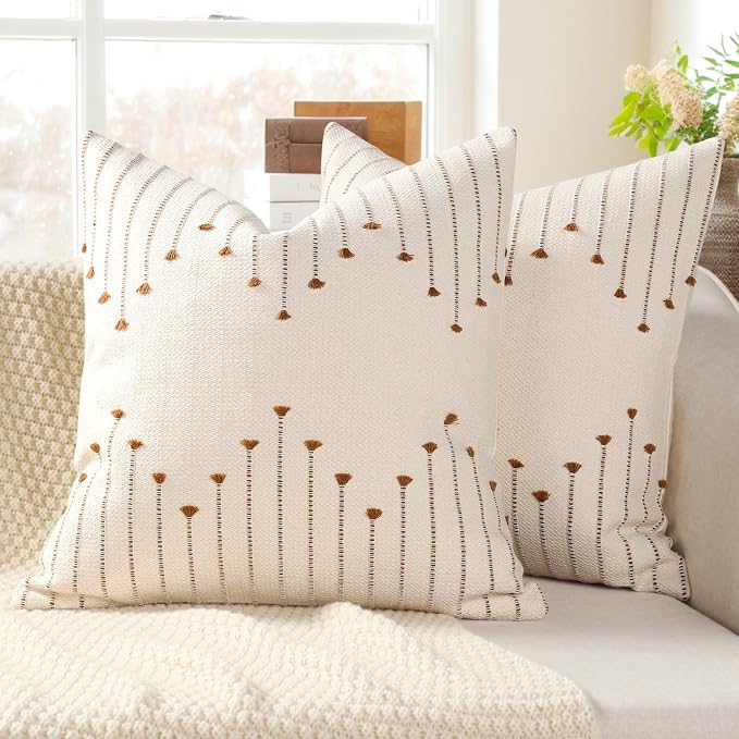 Boho Outdoor Fall Throw Pillow Covers 18x18 Set of 2 Neutral Woven Decorative Pillowcases Cotton Tufted Couch Pillows Modern Farmhouse Cushion Covers for Sofa Couch Bed Living Room Home Decor, Brown