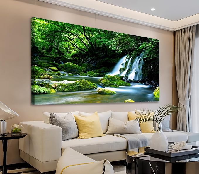 arteWOODS Waterfall Canvas Wall Art Living Room Decoration Large Nature Picture Artwork Modern Landscape Painting Green Forest Prints for Kitchen Office Wall Decor Home Decorations 24" x 48"