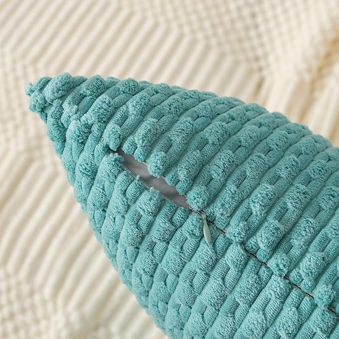 Kevin Textile Soft Corduroy 12"x24" Lumbar Pillow Cover 1 Pack, Aqua Green | Boho Stripe Plush Corduroy Decorative Oblong Cushion Cover Modern Farmhouse Home Decor for Sofa Couch Bed Chair