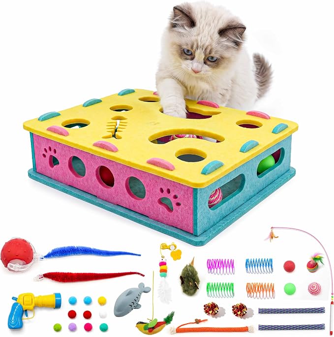 21 Pcs Interactive Cat Toys for Indoor Cats, Cat Puzzle Box with Rechargeable Automatic Ball, Hanging Toy, Plush Mice and Balls 3-in-1 Kitten Toys for Indoor Bored Kittens