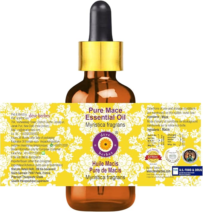 Deve Herbes Pure Mace Essential Oil (Myristica fragrans) with Glass Dropper Steam Distilled 15ml (0.50 oz)